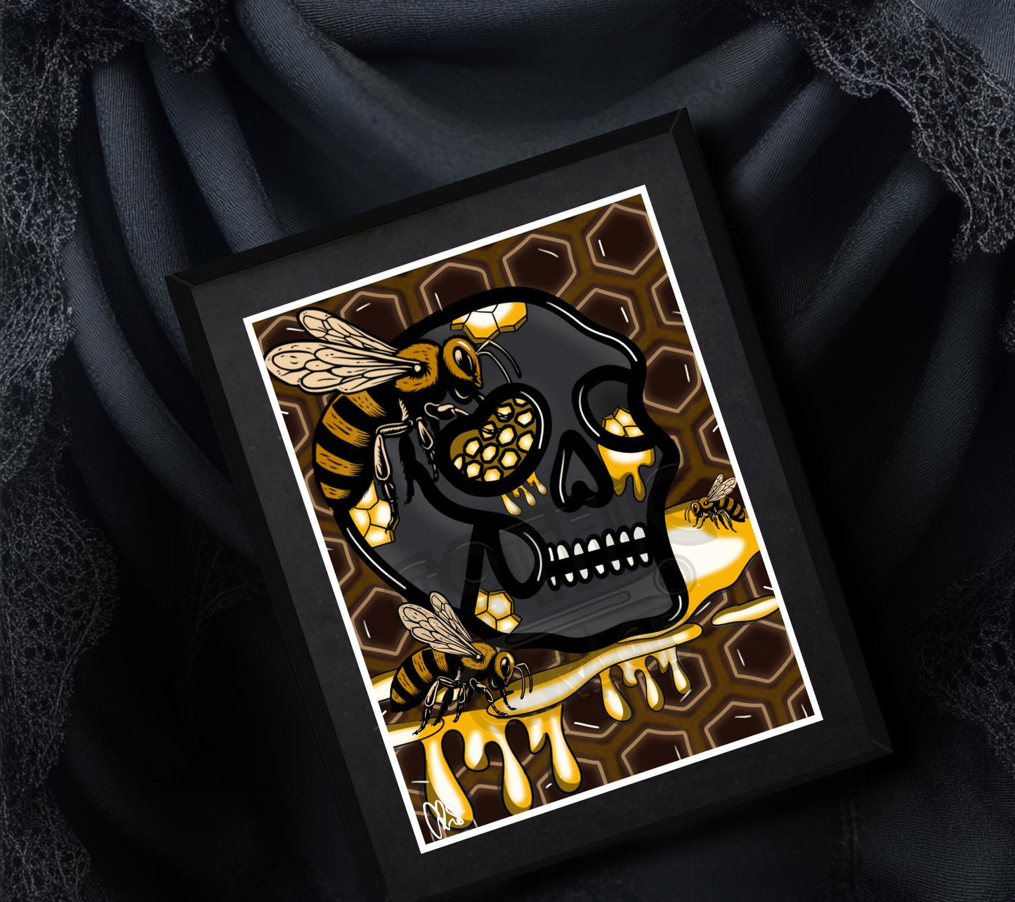 Gothic Skull Honey Hive Art Print – Bees, Nectar & Darkly Sweet Vibes – 11x14 Matted Artwork for Gothic Home Decor