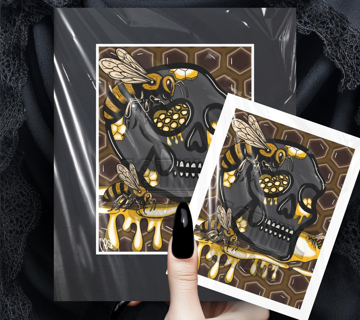 Gothic Skull Honey Hive Art Print – Bees, Nectar & Darkly Sweet Vibes – 11x14 Matted Artwork for Gothic Home Decor