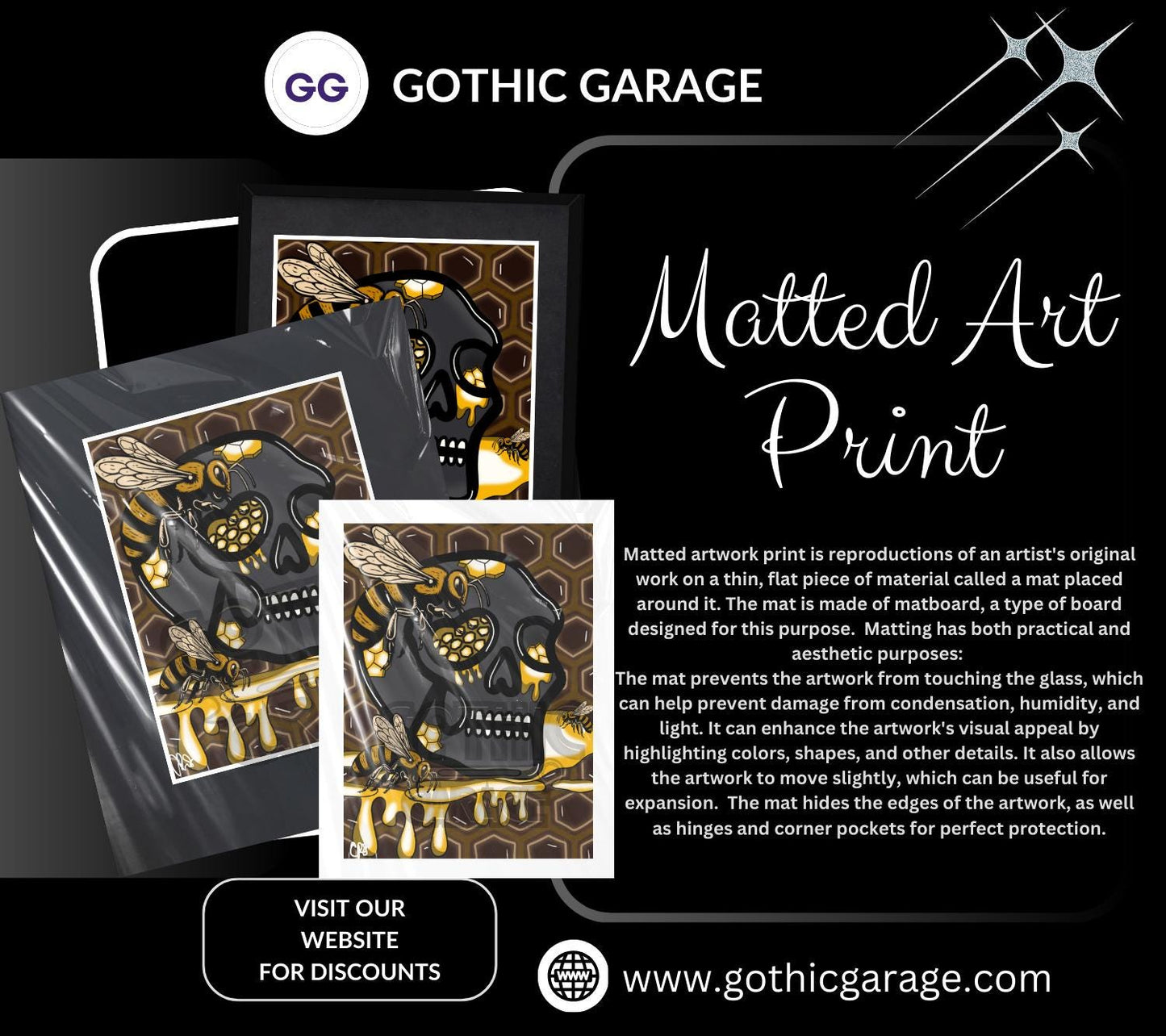 Gothic Skull Honey Hive Art Print – Bees, Nectar & Darkly Sweet Vibes – 11x14 Matted Artwork for Gothic Home Decor