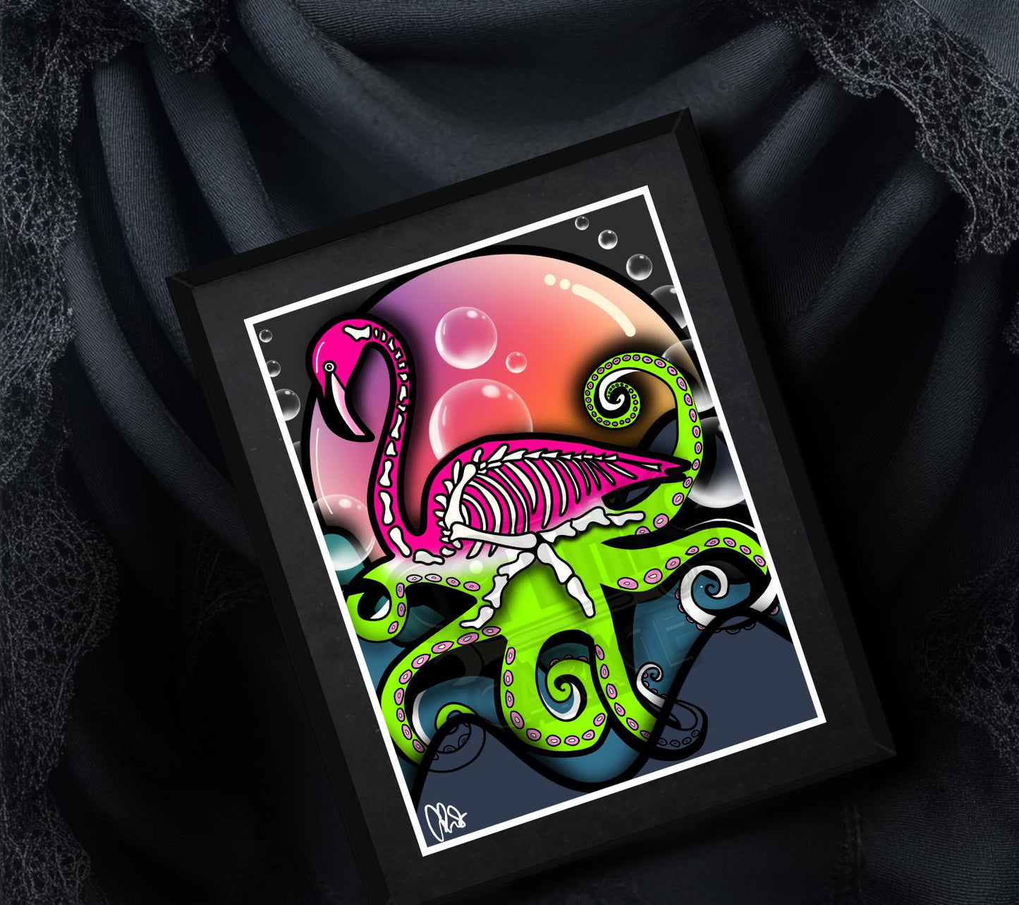 Sunset Flamingo Skeleton Octopus Art Print – Dark Gothic Ocean Vibes with a Surreal Twist, 11x14 Matted or Frameable 8x10 Design