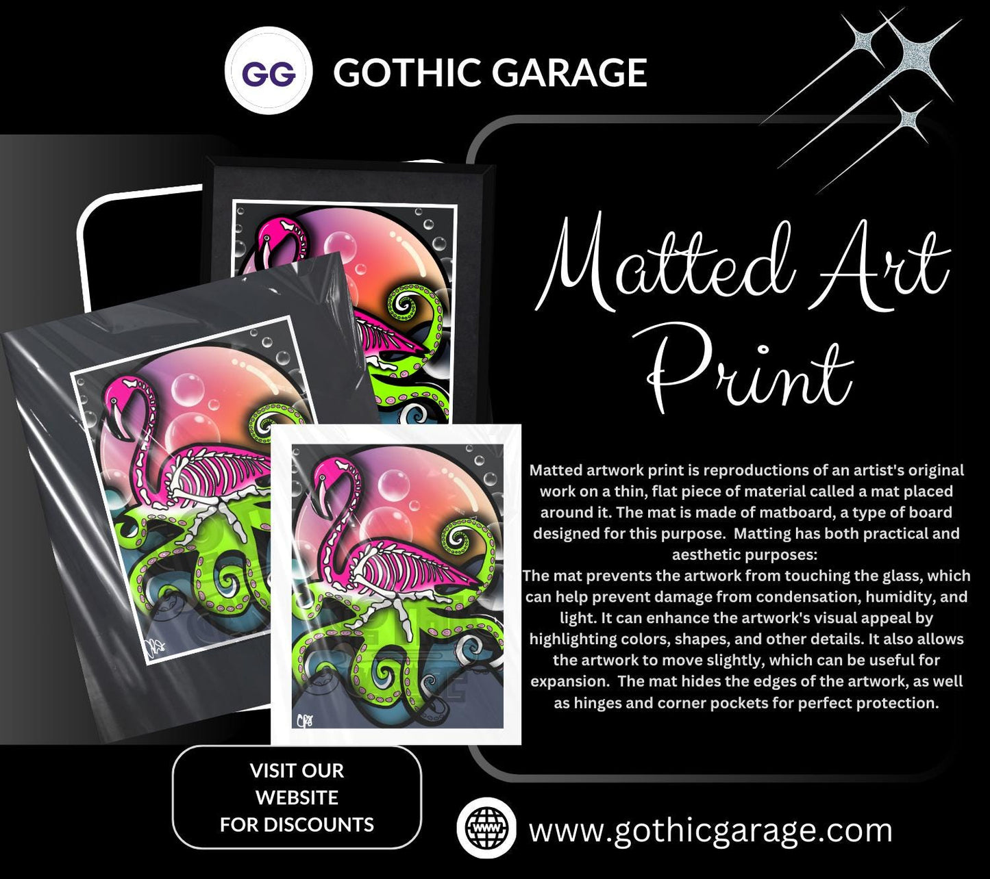 Sunset Flamingo Skeleton Octopus Art Print – Dark Gothic Ocean Vibes with a Surreal Twist, 11x14 Matted or Frameable 8x10 Design