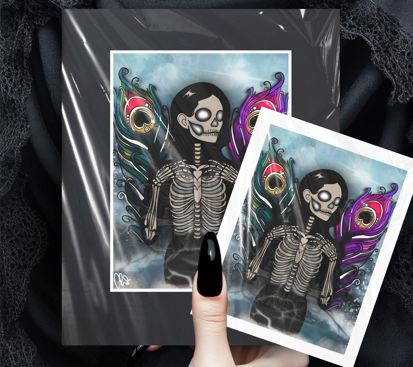 Skeleton Peacock Angel Art Print – Gothic Wall Decor for Dark Homes, Macabre Angel Fantasy Artwork, Matted & Ready to Display