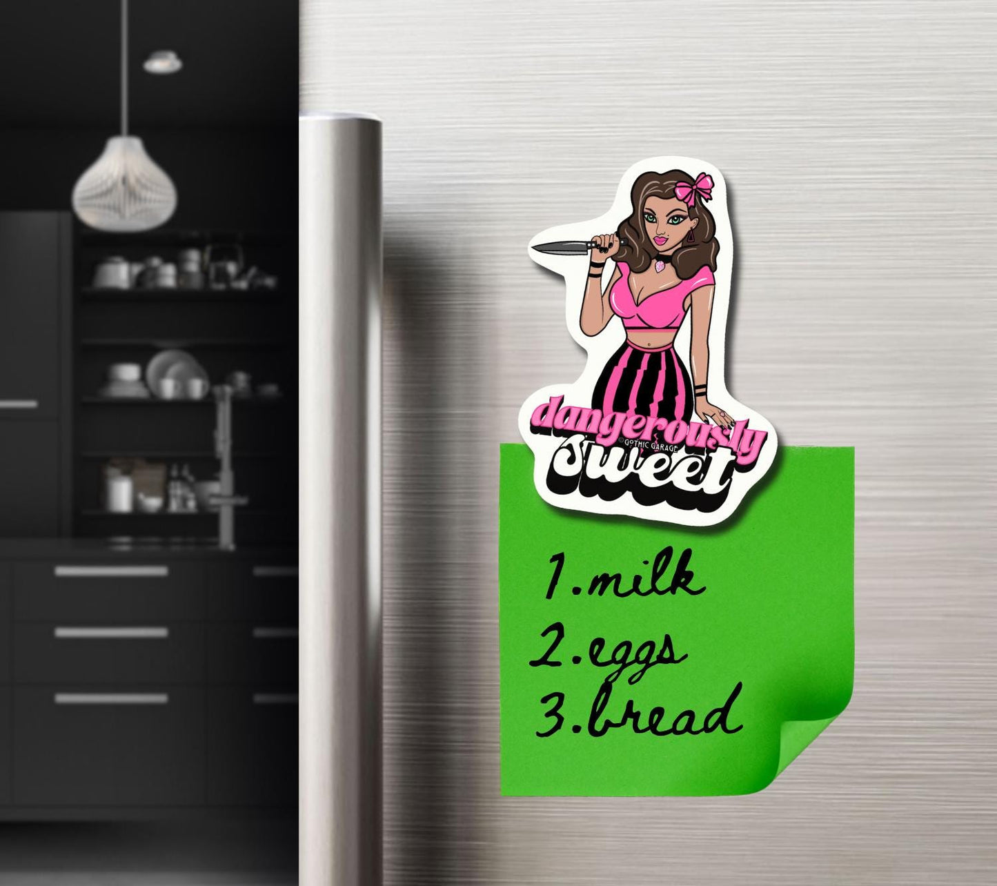 Dangerously Sweet Fridge Magnet – Retro Killer Female Pin-Up with Dark Alternative Vibes, Perfect to Add Sugar & Spice to Any Kitchen
