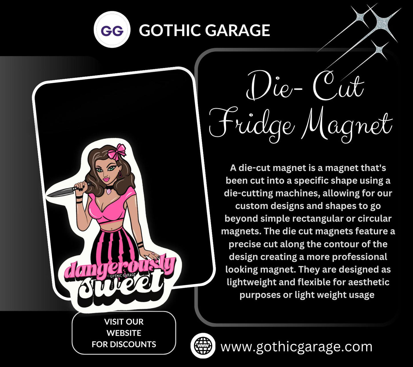 Dangerously Sweet Fridge Magnet – Retro Killer Female Pin-Up with Dark Alternative Vibes, Perfect to Add Sugar & Spice to Any Kitchen
