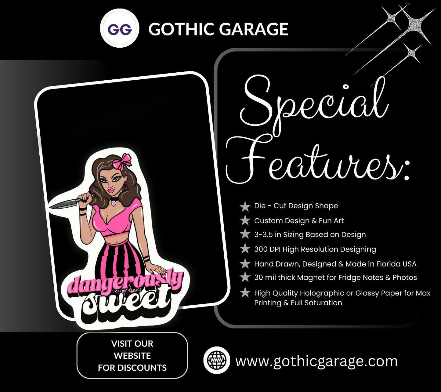 Dangerously Sweet Fridge Magnet – Retro Killer Female Pin-Up with Dark Alternative Vibes, Perfect to Add Sugar & Spice to Any Kitchen