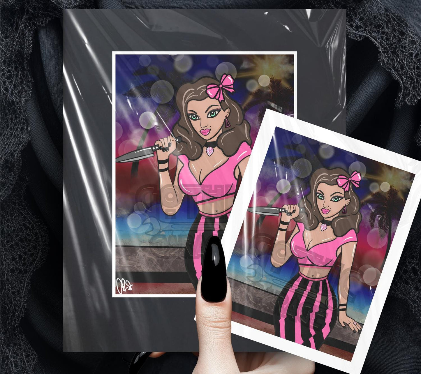 Gothic Pop Art Pin-up Art Print – Retro Dark Aesthetic & Killer Glam Vibe, Spooky Miami Beach Art, Various Hanging Options Available