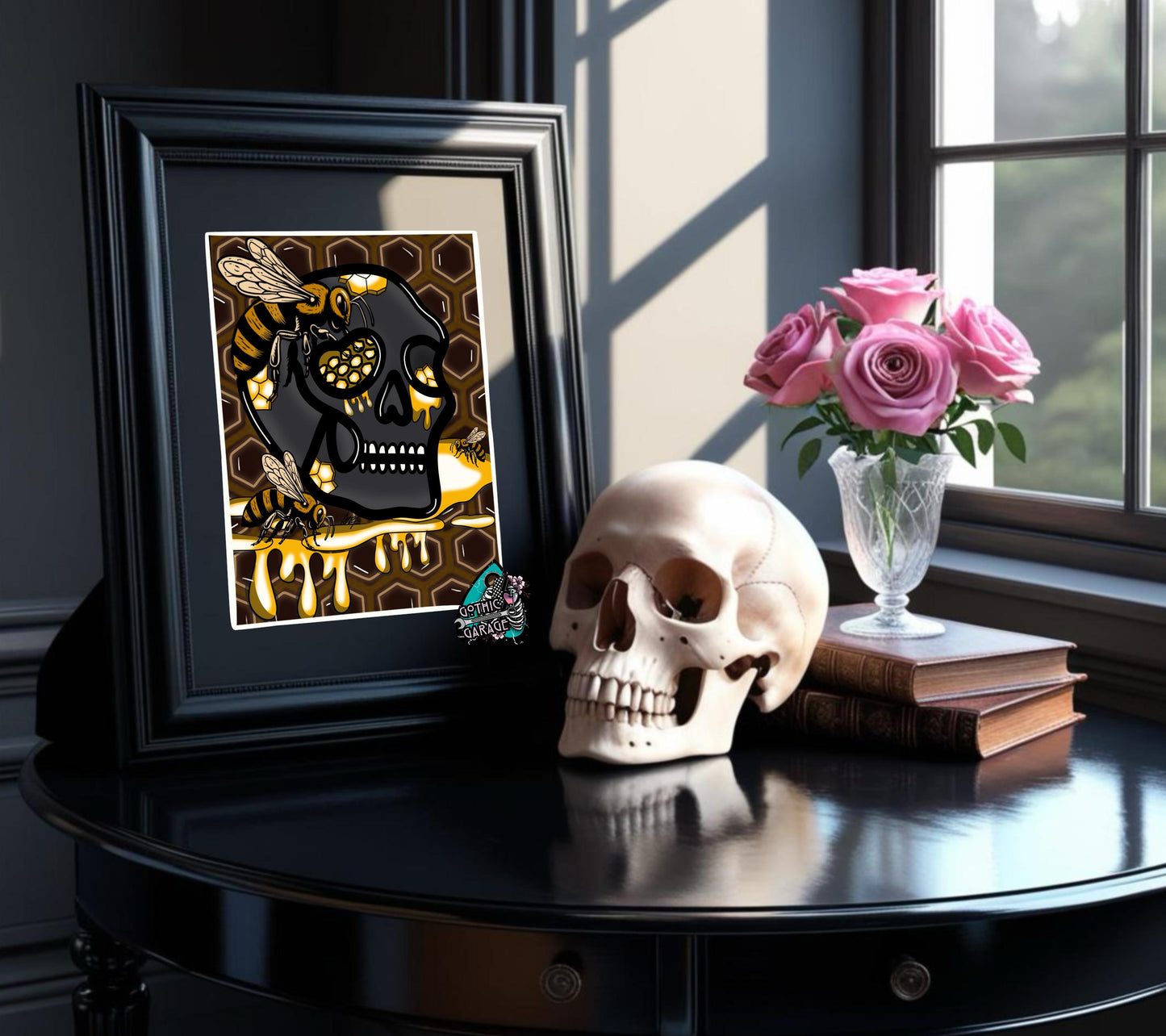 Gothic Skull Honey Hive Art Print – Bees, Nectar & Darkly Sweet Vibes – 11x14 Matted Artwork for Gothic Home Decor