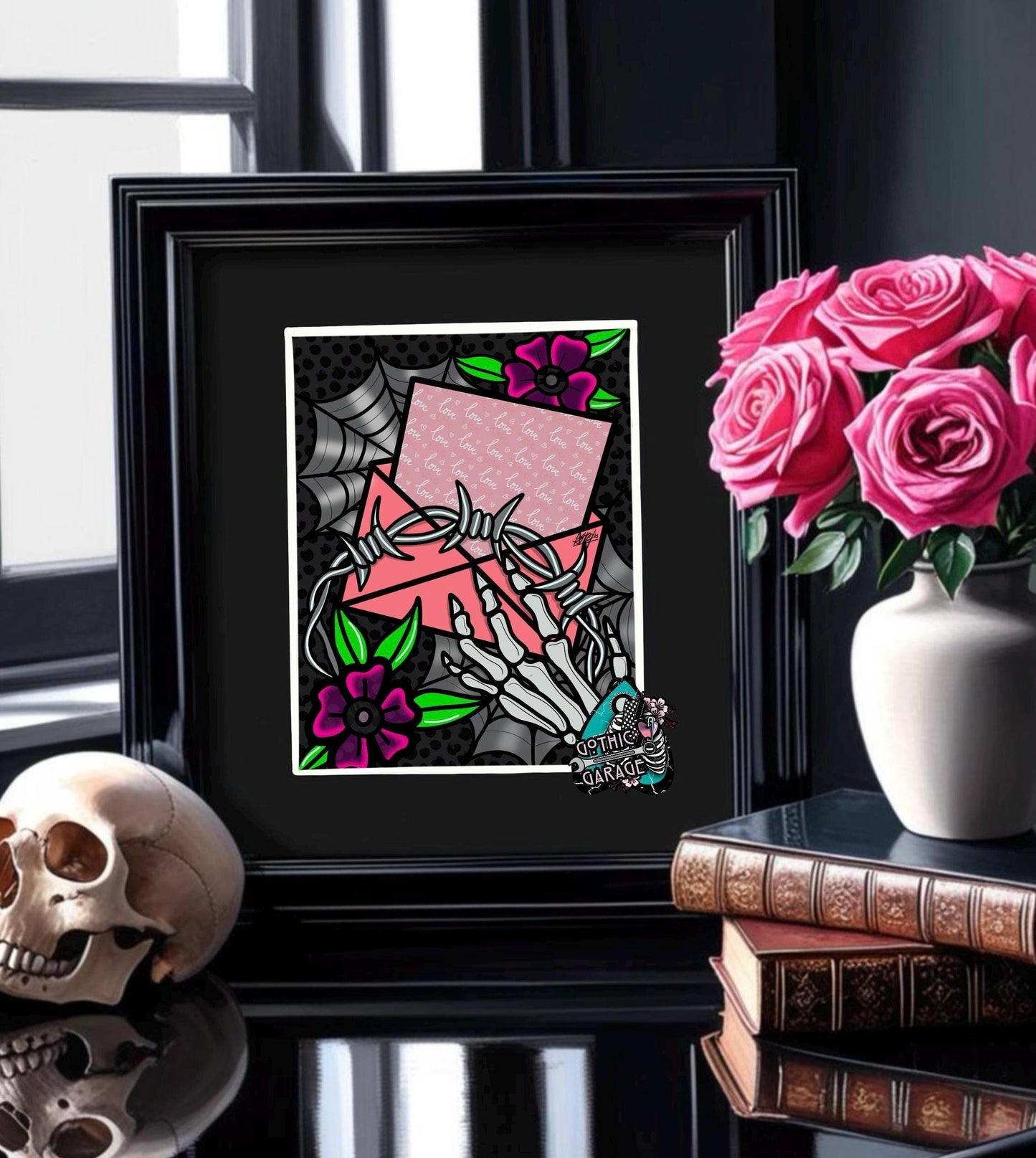 Barb Wire Love Letter Gothic Art Print – Skeleton Hand, Dark Flowers & Spider Webs, 11x14 Matted Valentine’s Day Wall Decor