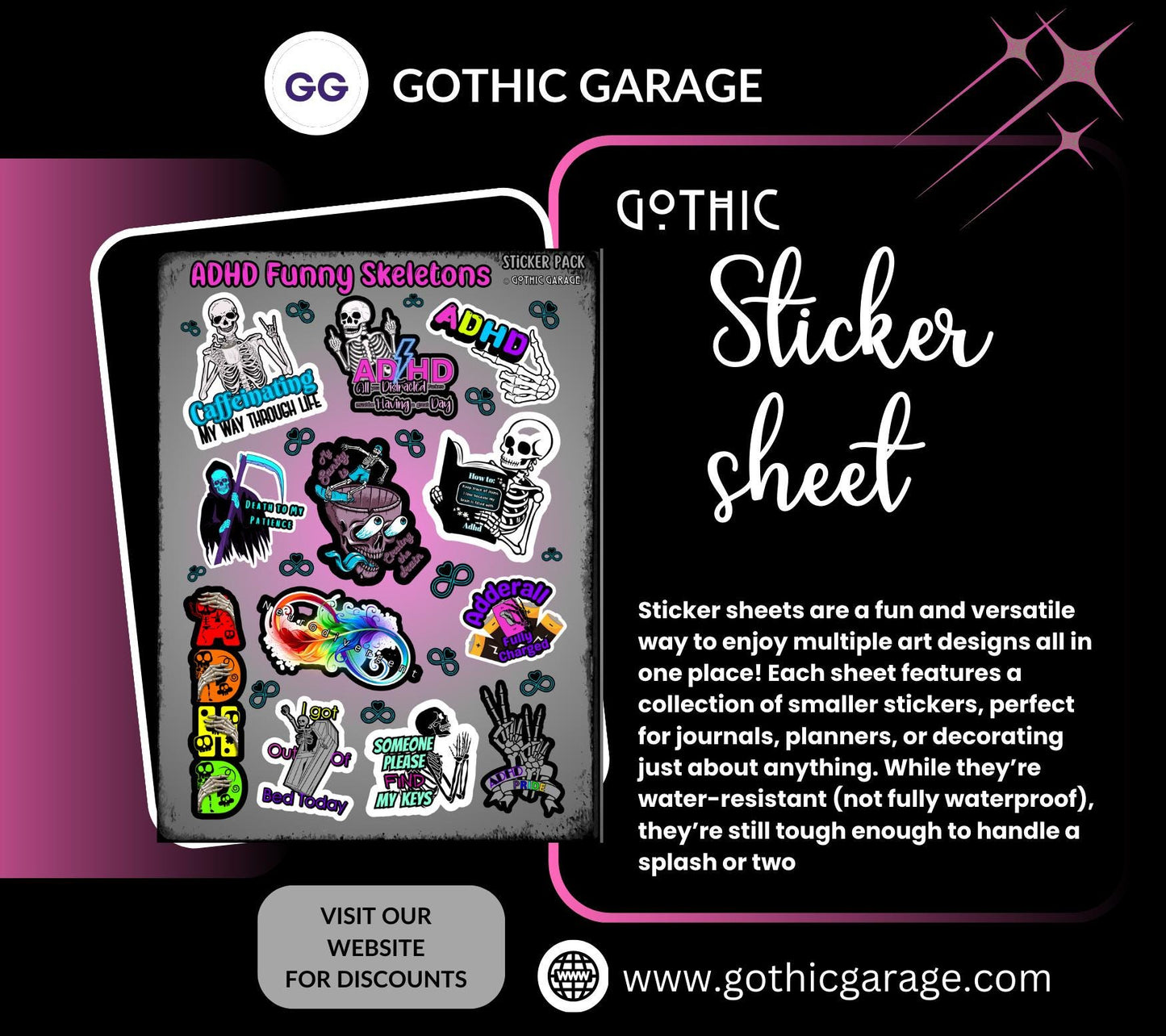 ADHD & Neurodivergent Funny Skeletons Sticker Sheet, Budget Friendly Gift for Friends, Collecting and Scrapbooking