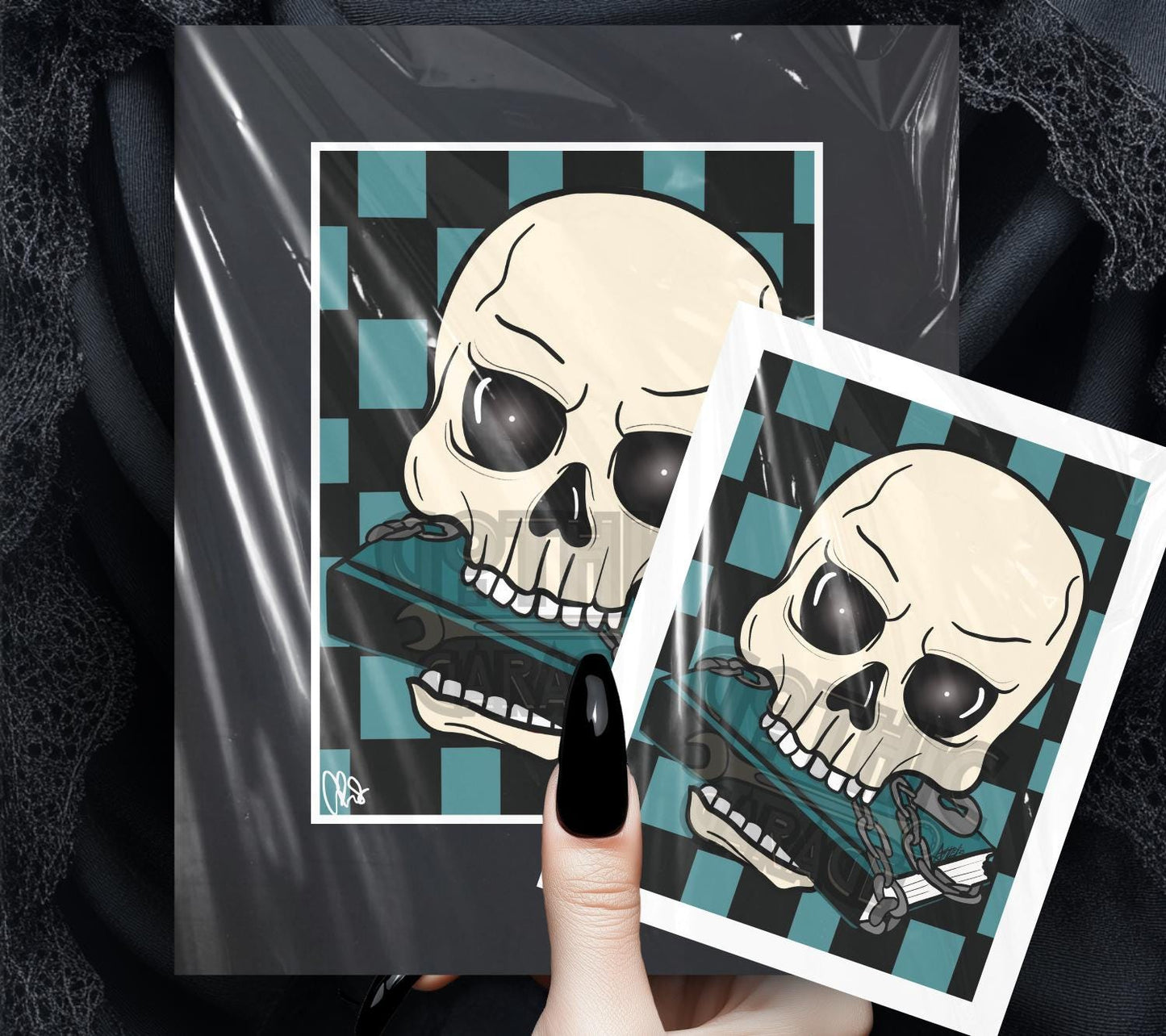 Gothic Skull & Chained Book Art Print – Alt Pop Art for Book Lovers, Perfect For Goth Loft Decor, Various Hanging Options Available