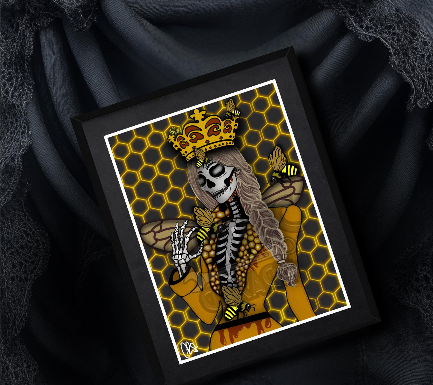 Gothic Queen Bee Skeleton Art Print – Honeycomb Crowned Undead Bee Goddess