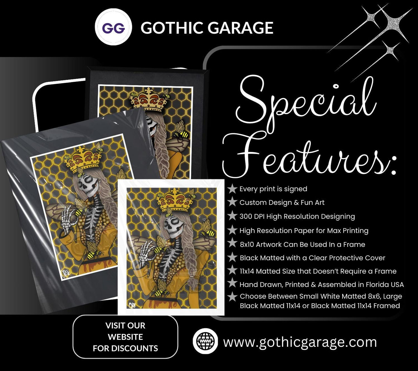 Gothic Queen Bee Skeleton Art Print – Honeycomb Crowned Undead Bee Goddess