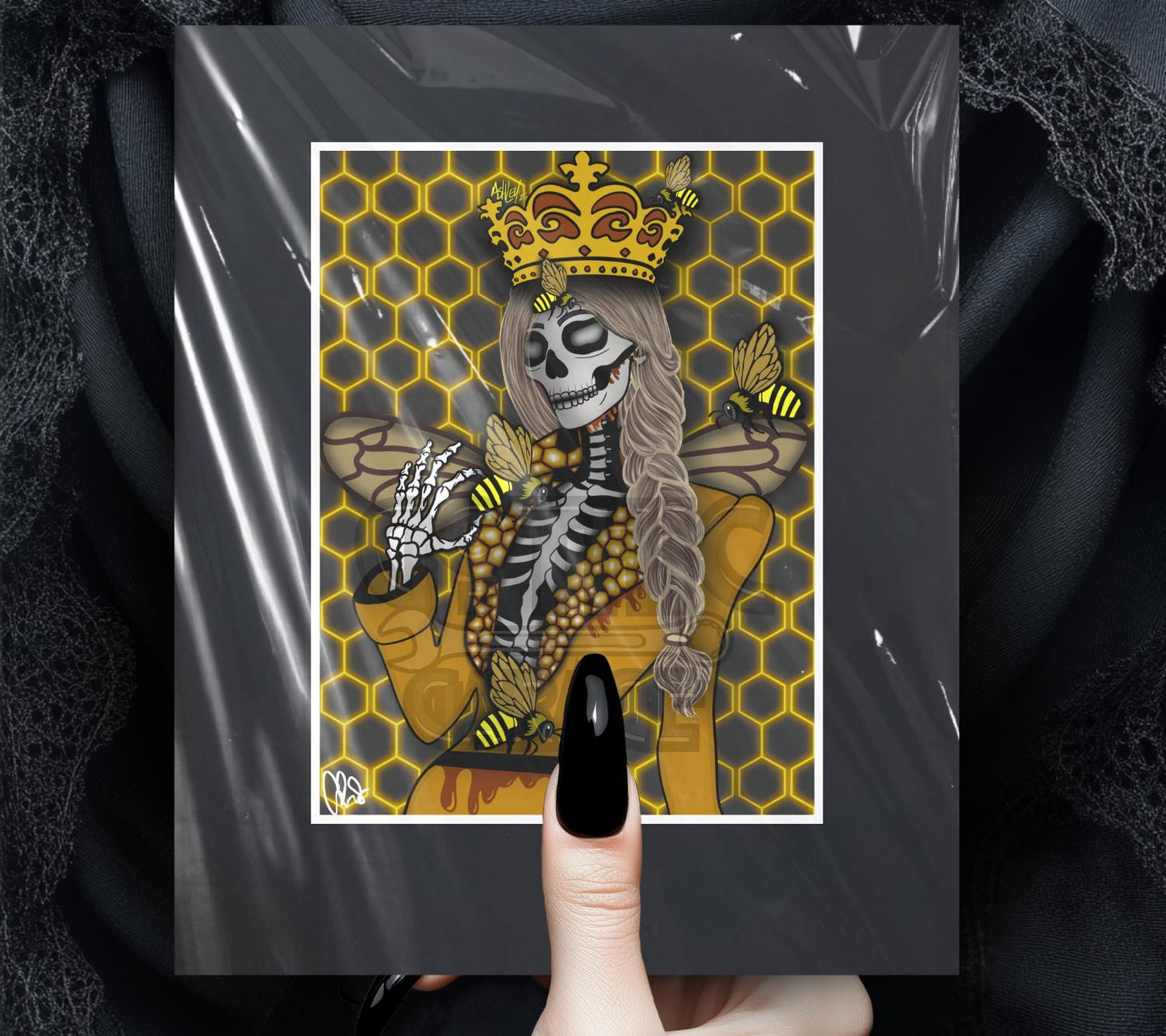 Gothic Queen Bee Skeleton Art Print – Honeycomb Crowned Undead Bee Goddess