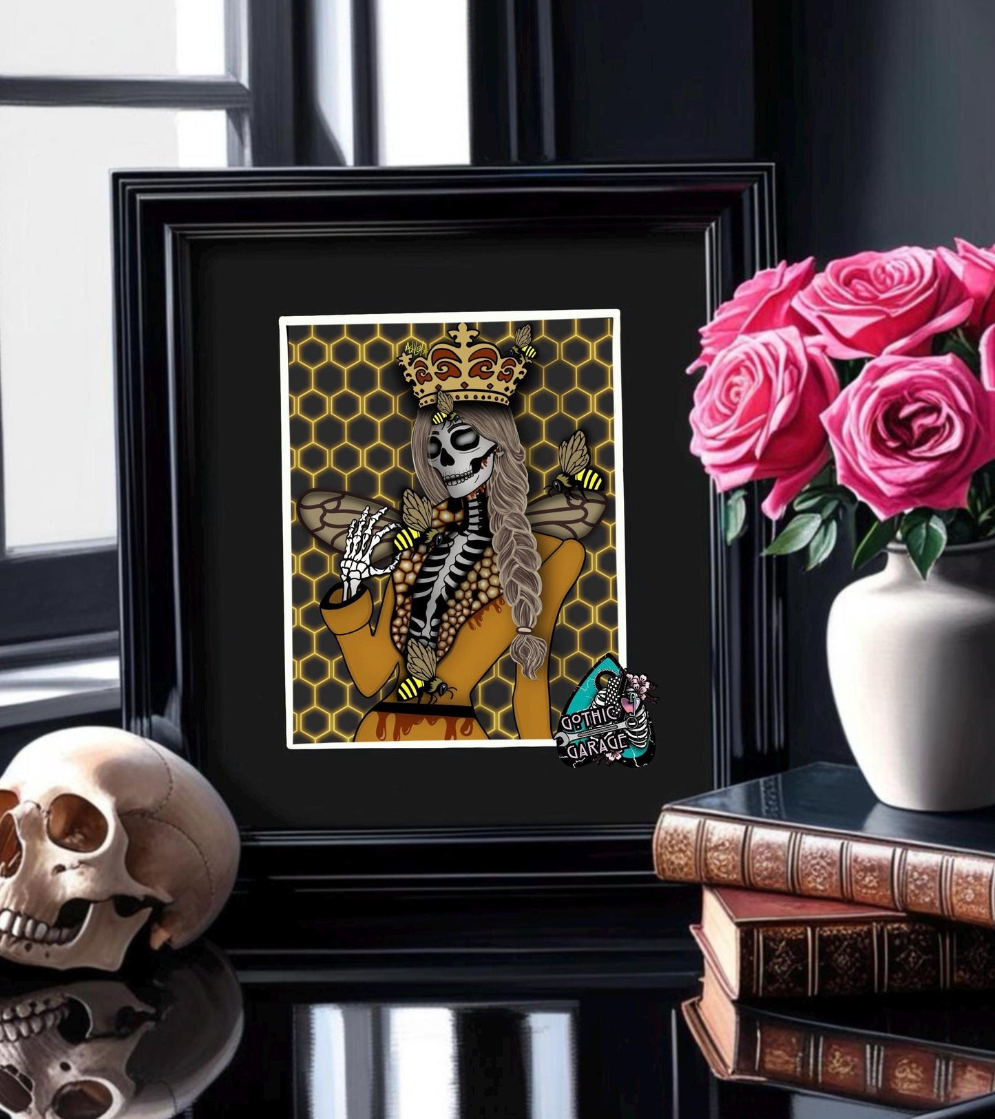 Gothic Queen Bee Skeleton Art Print – Honeycomb Crowned Undead Bee Goddess