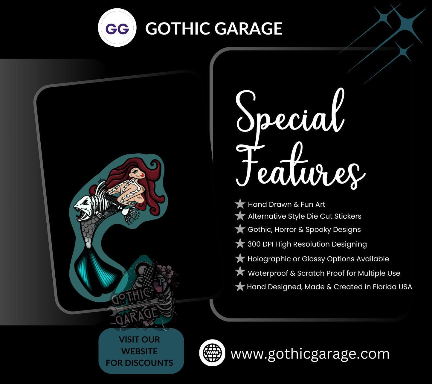 Gothic Nude Mermaid Die Cut Waterproof Sticker—Dive deep into haunting waters with this mesmerizing dark fantasy sticker!