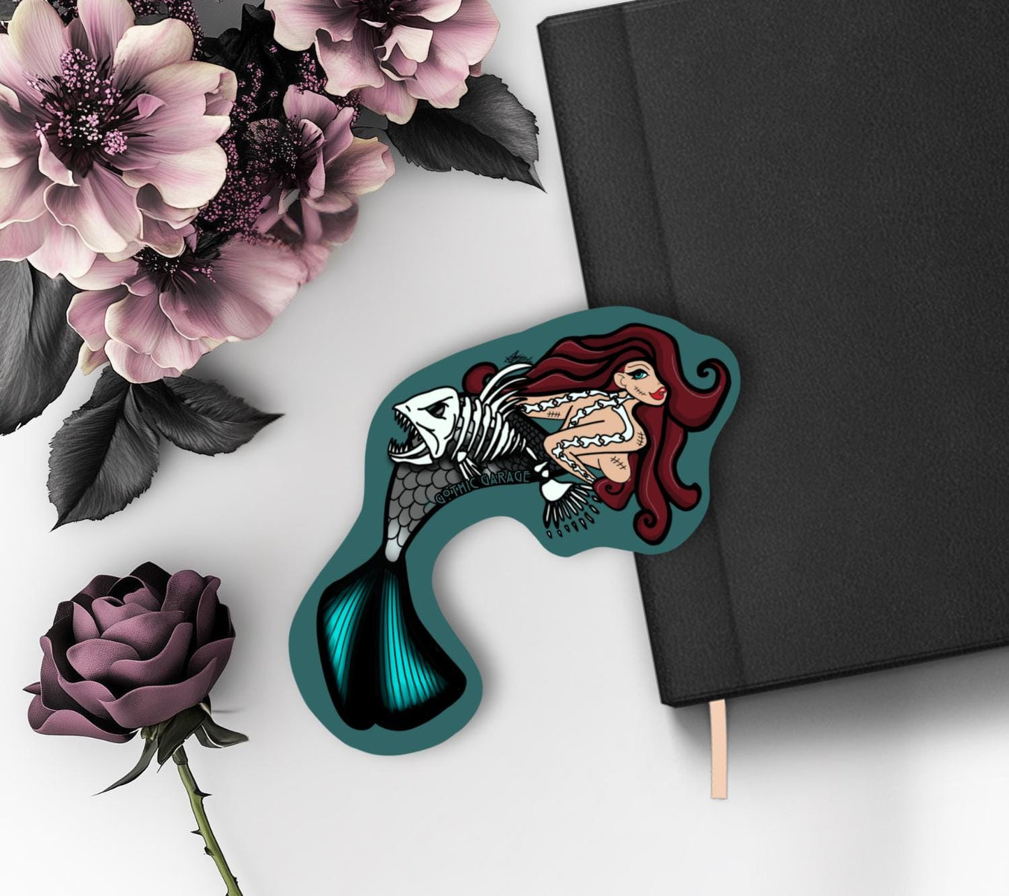 Gothic Nude Mermaid Die Cut Waterproof Sticker—Dive deep into haunting waters with this mesmerizing dark fantasy sticker!