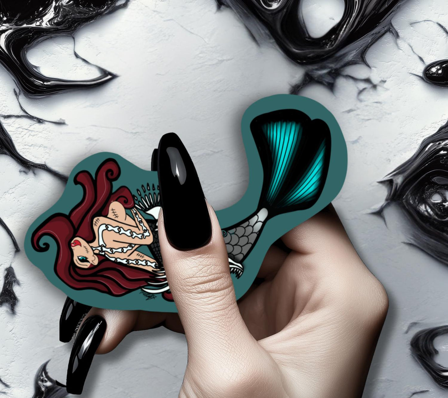 Gothic Nude Mermaid Die Cut Waterproof Sticker—Dive deep into haunting waters with this mesmerizing dark fantasy sticker!