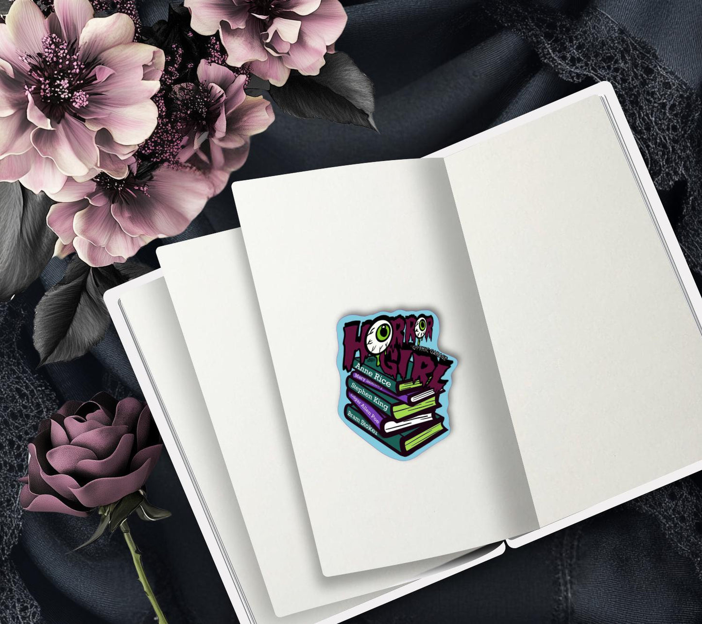 Horror Girl Book Lover Die Cut Waterproof Sticker—Because spooky gals read classics and creep it real!