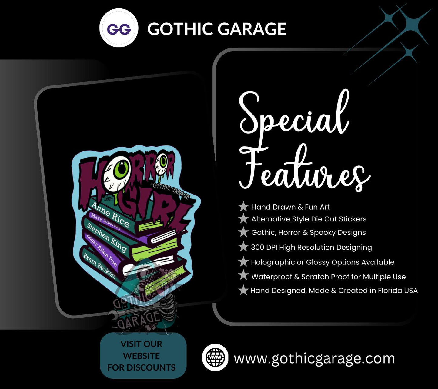 Horror Girl Book Lover Die Cut Waterproof Sticker—Because spooky gals read classics and creep it real!