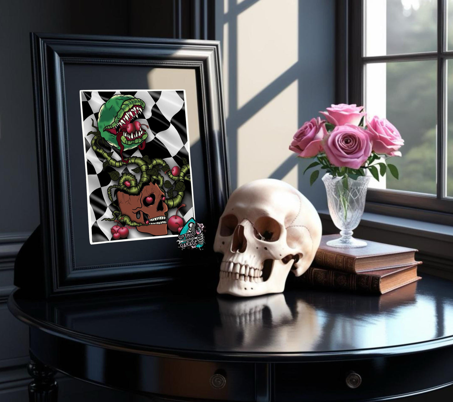 Horror Venus Fly Trap & Cherry Art Print – Gothic Horror Botanical Wall Decor