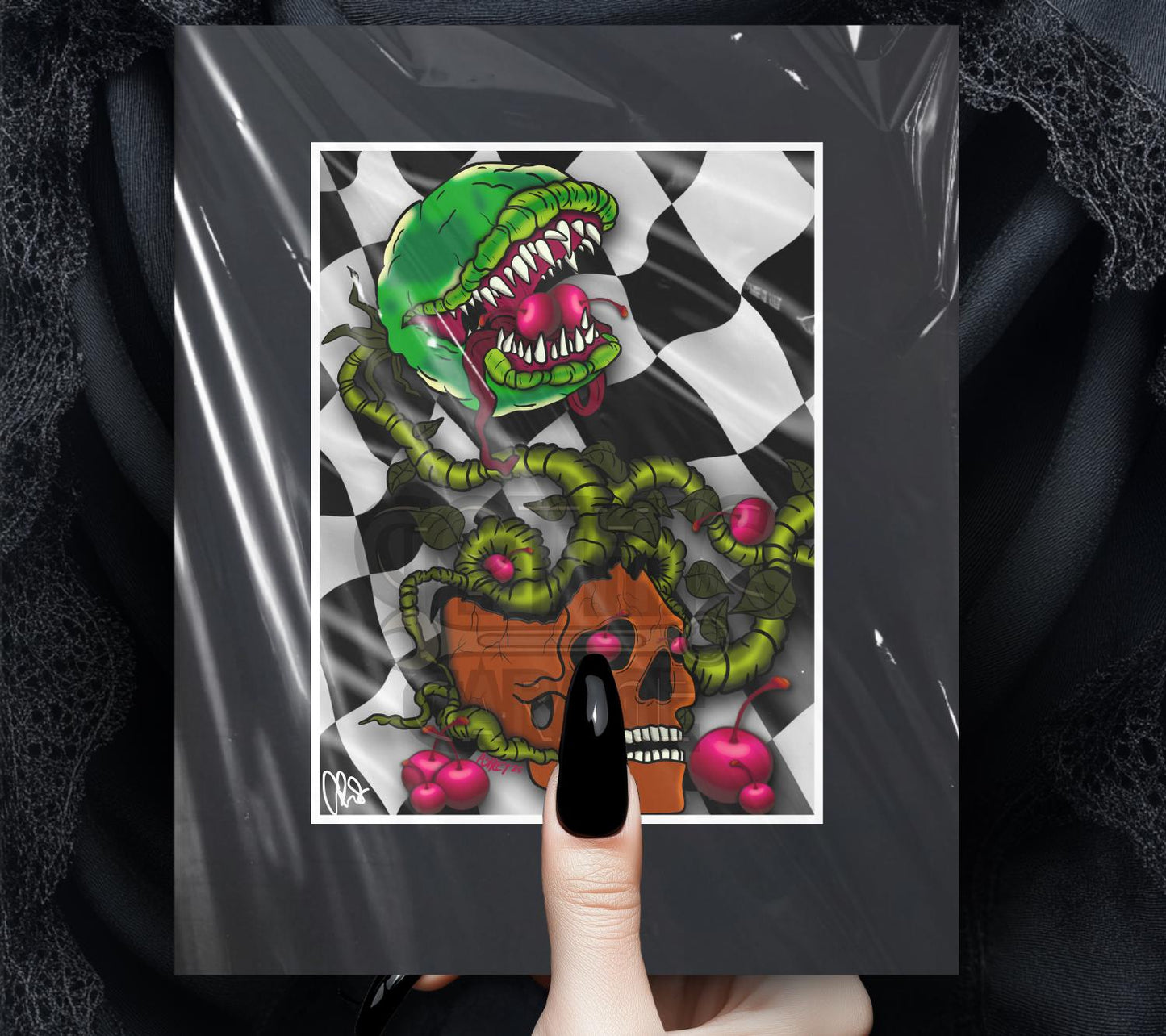 Horror Venus Fly Trap & Cherry Art Print – Gothic Horror Botanical Wall Decor