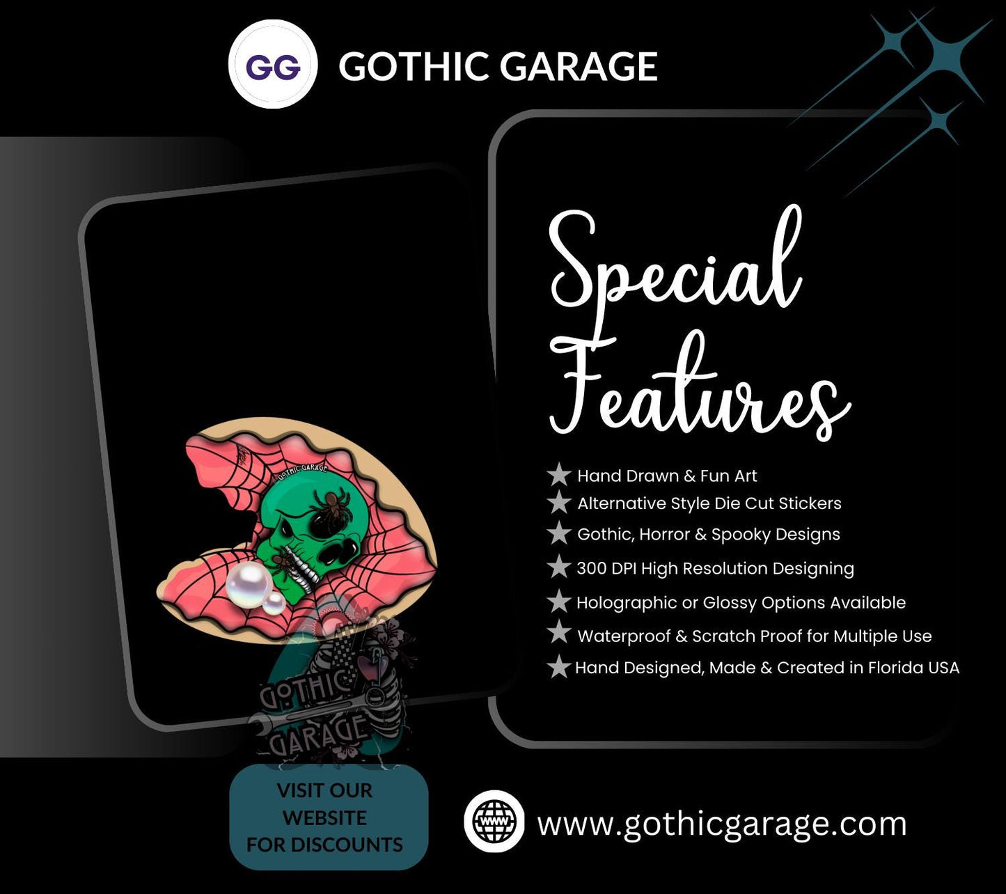 Spider Skull Clamshell Die Cut Waterproof Sticker—A Wicked Twist for Your Ocean Treasure Collections