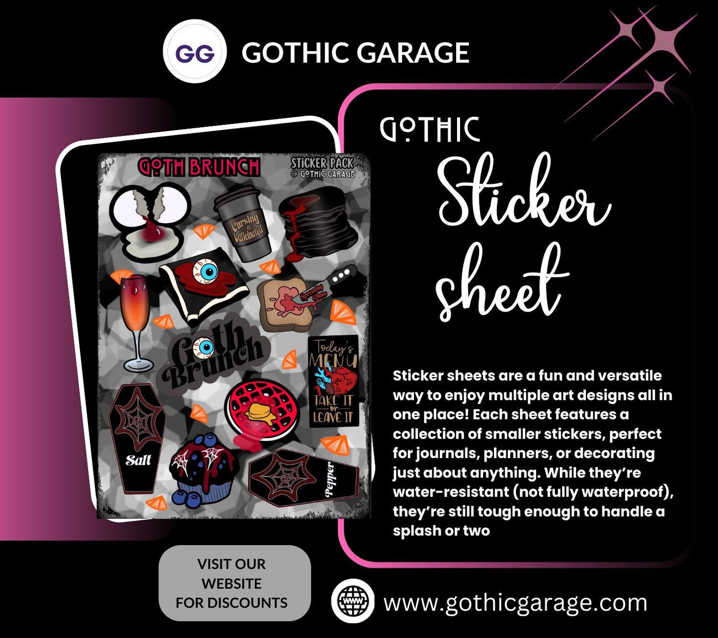 Goth Brunch Sticker Sheet – Caffeine, Chaos & Creepy Cuisine