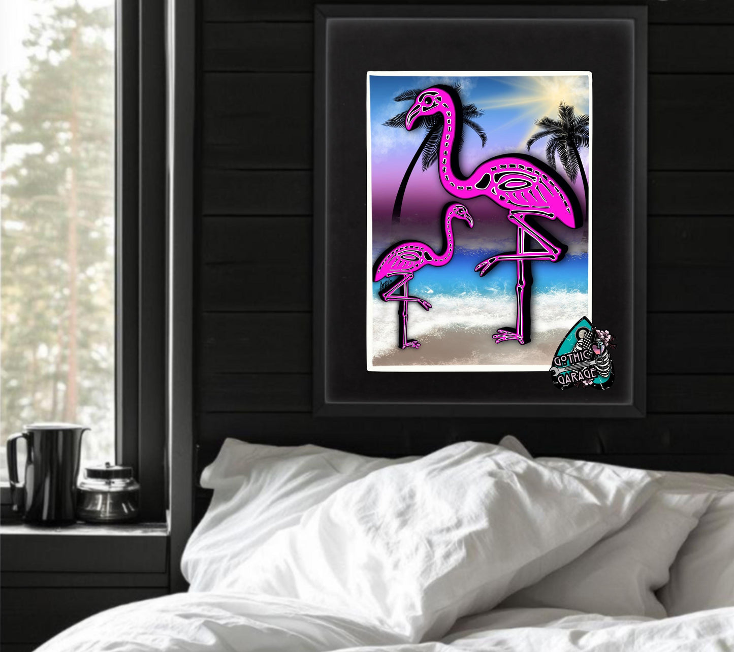 Flamingo Skeletons Art Print – Dark Gothic Ocean Vibes, Spooky Coastal Art, 11x14 Matted or Frameable 8x10 Design