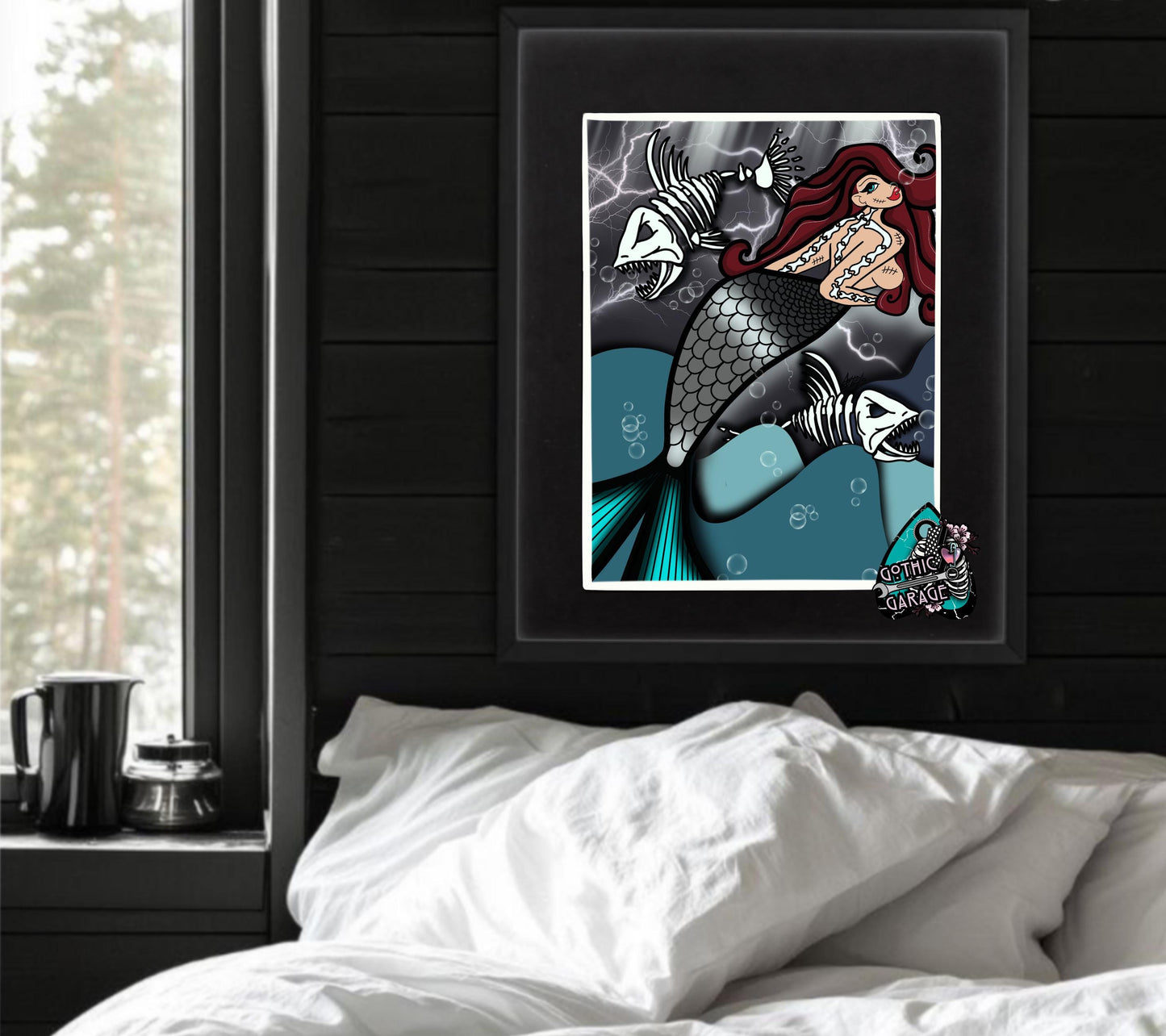 Skeleton Mermaid & Dead Sea Gothic Art Print – Haunting Red-Haired Siren with Dead Fish in Dark Ocean, 11x14 Matted Unique Decor