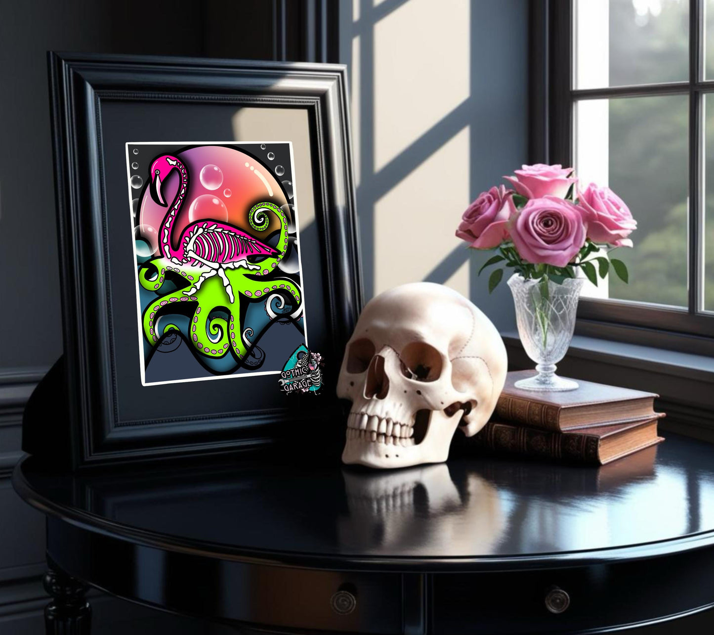 Sunset Flamingo Skeleton Octopus Art Print – Dark Gothic Ocean Vibes with a Surreal Twist, 11x14 Matted or Frameable 8x10 Design