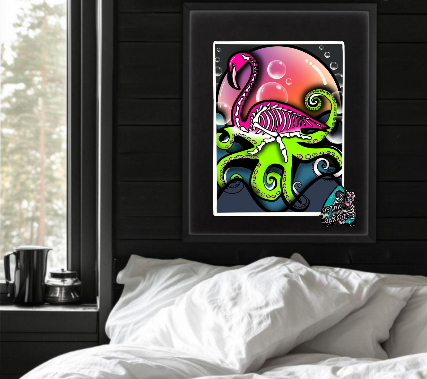 Sunset Flamingo Skeleton Octopus Art Print – Dark Gothic Ocean Vibes with a Surreal Twist, 11x14 Matted or Frameable 8x10 Design