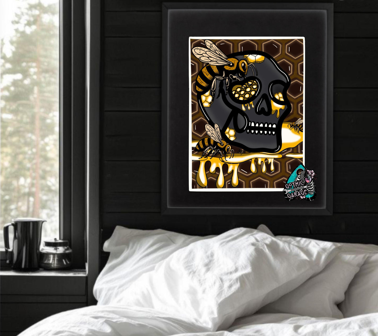 Gothic Skull Honey Hive Art Print – Bees, Nectar & Darkly Sweet Vibes – 11x14 Matted Artwork for Gothic Home Decor