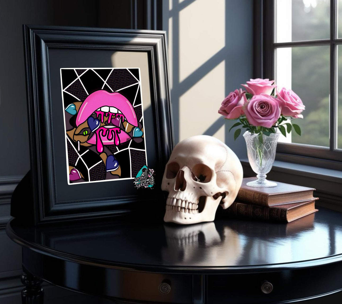 Gothic Valentine’s Day Art Print – Skulls, Conversation Hearts & Roses, 11x14 Matted, Romantic Dark Aesthetic Home Decor