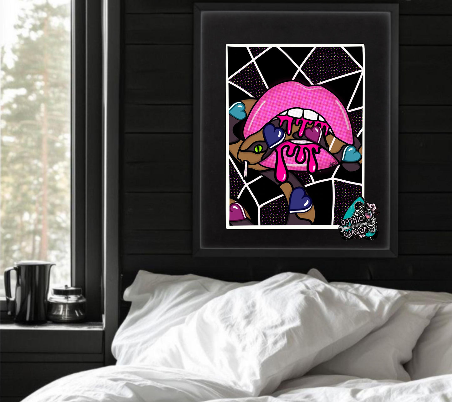 Gothic Valentine’s Day Art Print – Skulls, Conversation Hearts & Roses, 11x14 Matted, Romantic Dark Aesthetic Home Decor