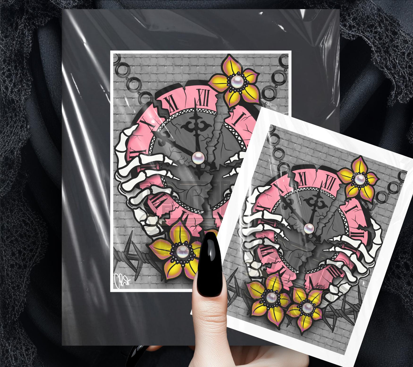 Gothic Skeleton Clock Art Print – Broken Time with Barbed Wire & Pearls