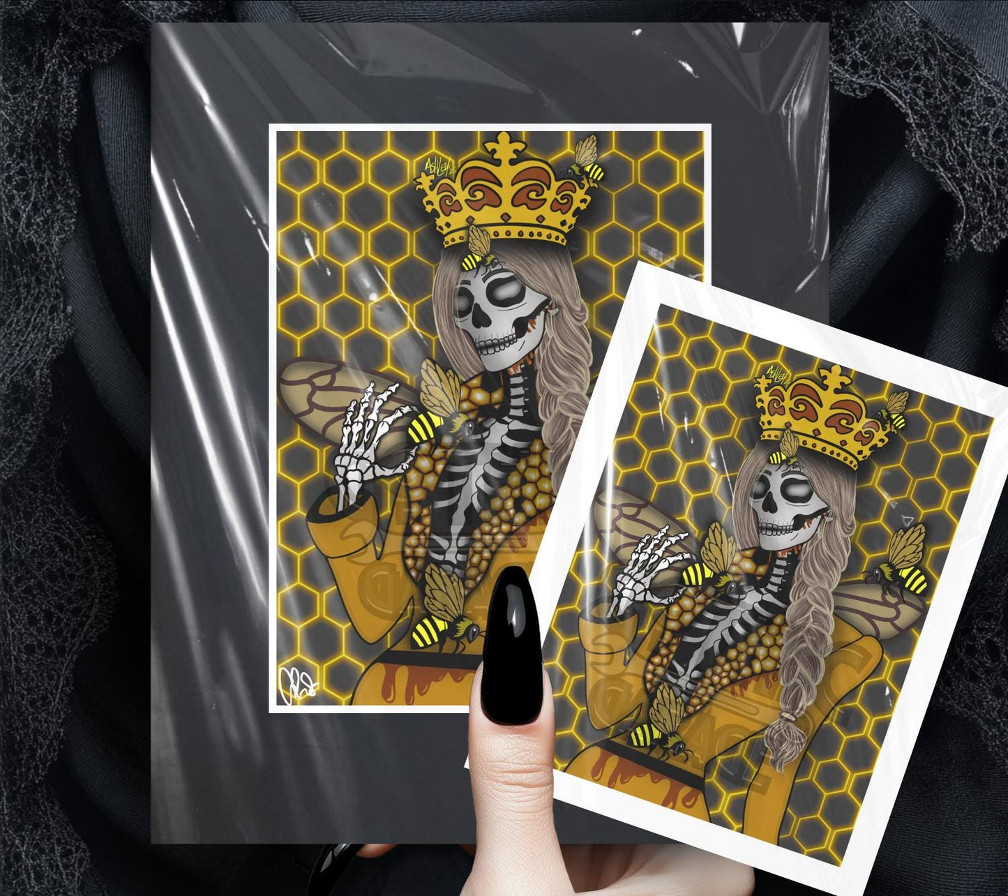 Gothic Queen Bee Skeleton Art Print – Honeycomb Crowned Undead Bee Goddess