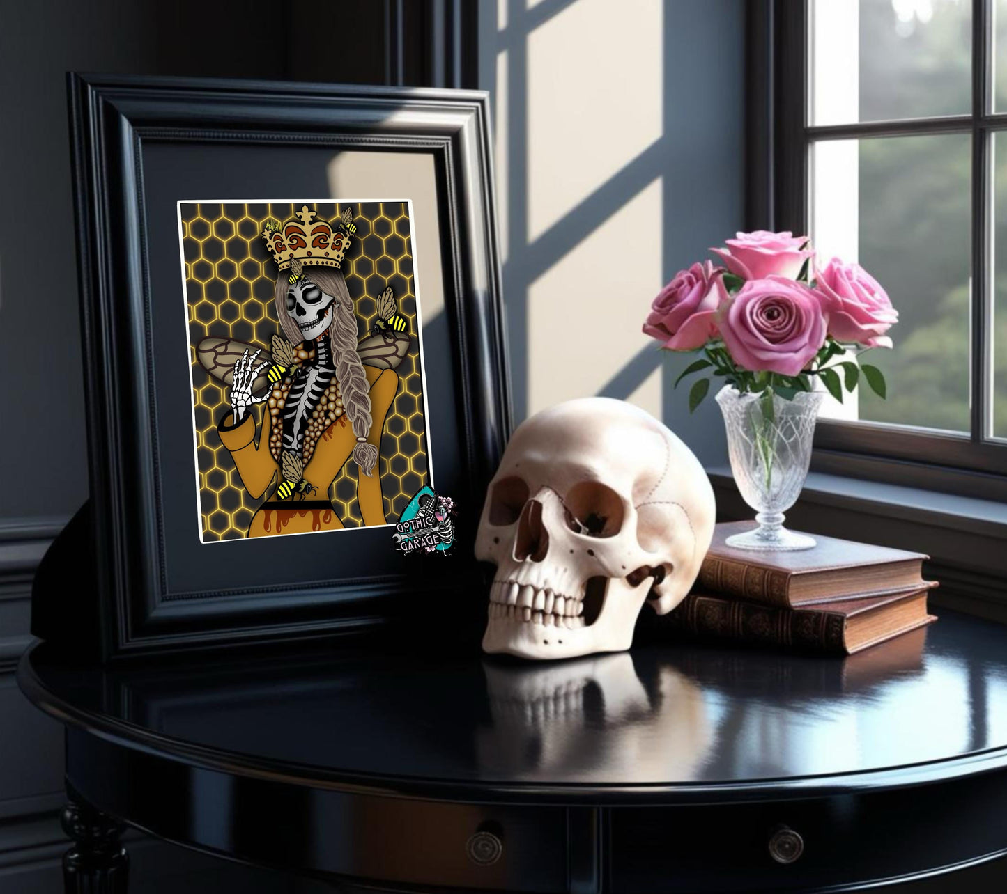 Gothic Queen Bee Skeleton Art Print – Honeycomb Crowned Undead Bee Goddess