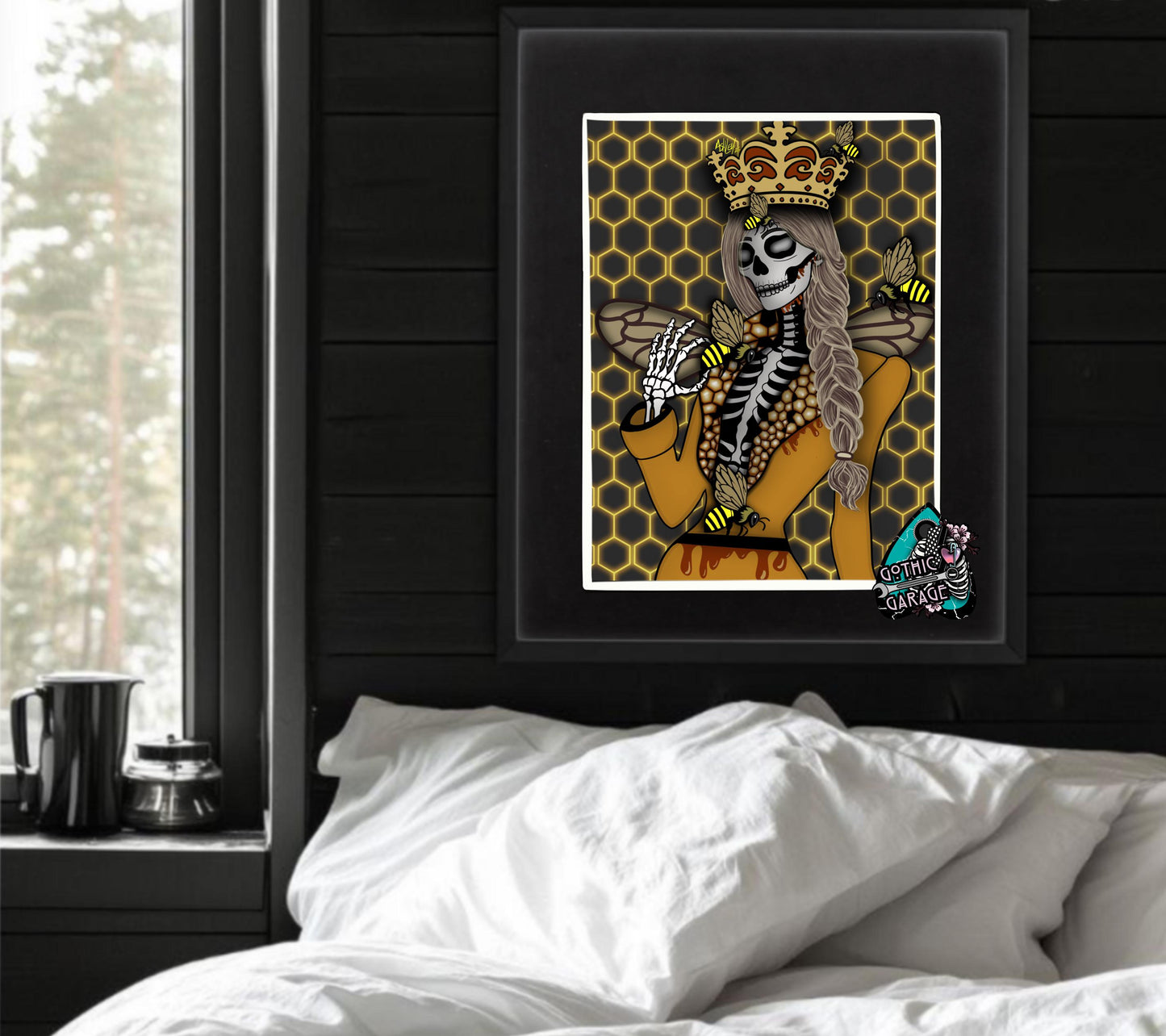 Gothic Queen Bee Skeleton Art Print – Honeycomb Crowned Undead Bee Goddess