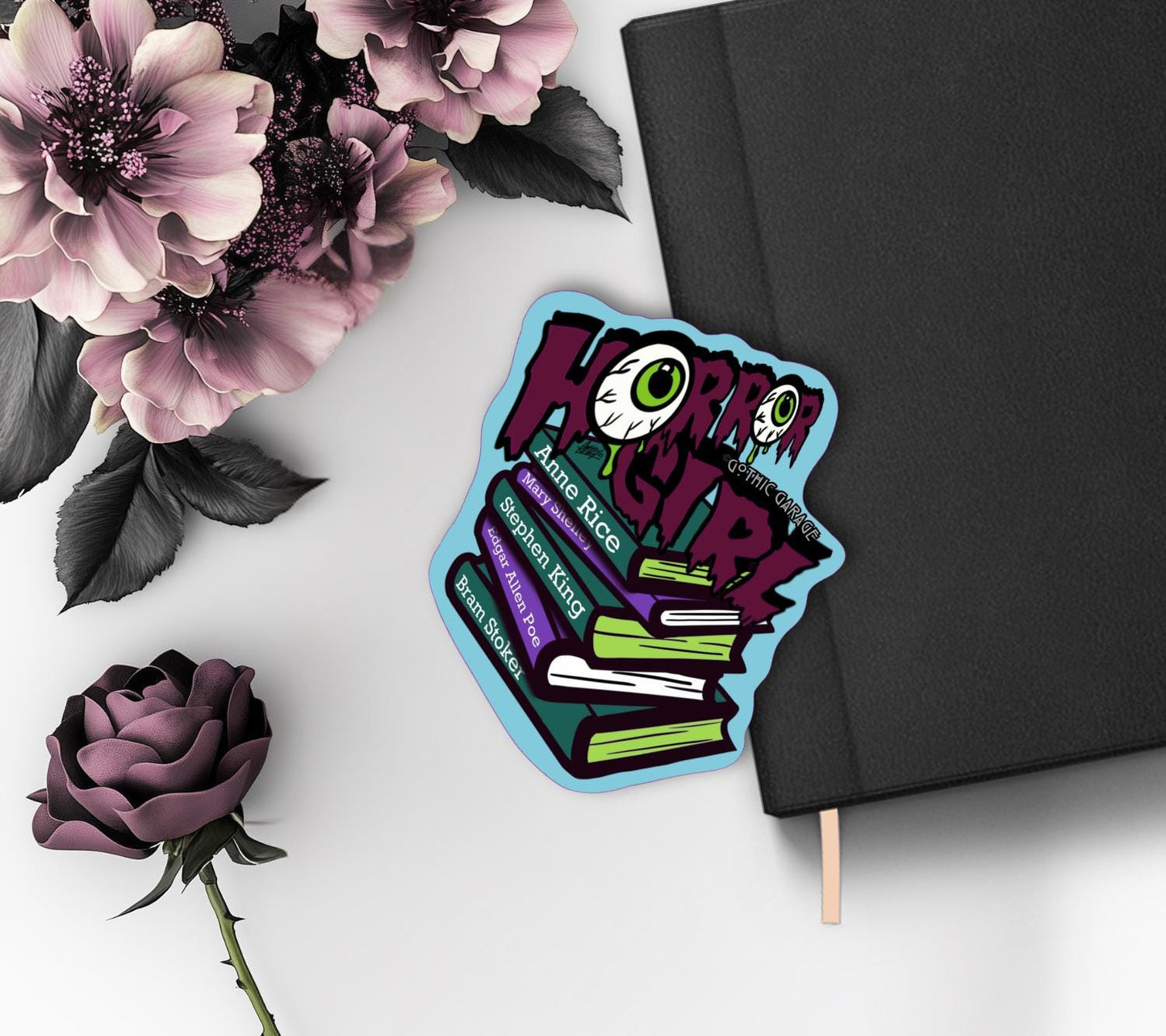 Horror Girl Book Lover Die Cut Waterproof Sticker—Because spooky gals read classics and creep it real!