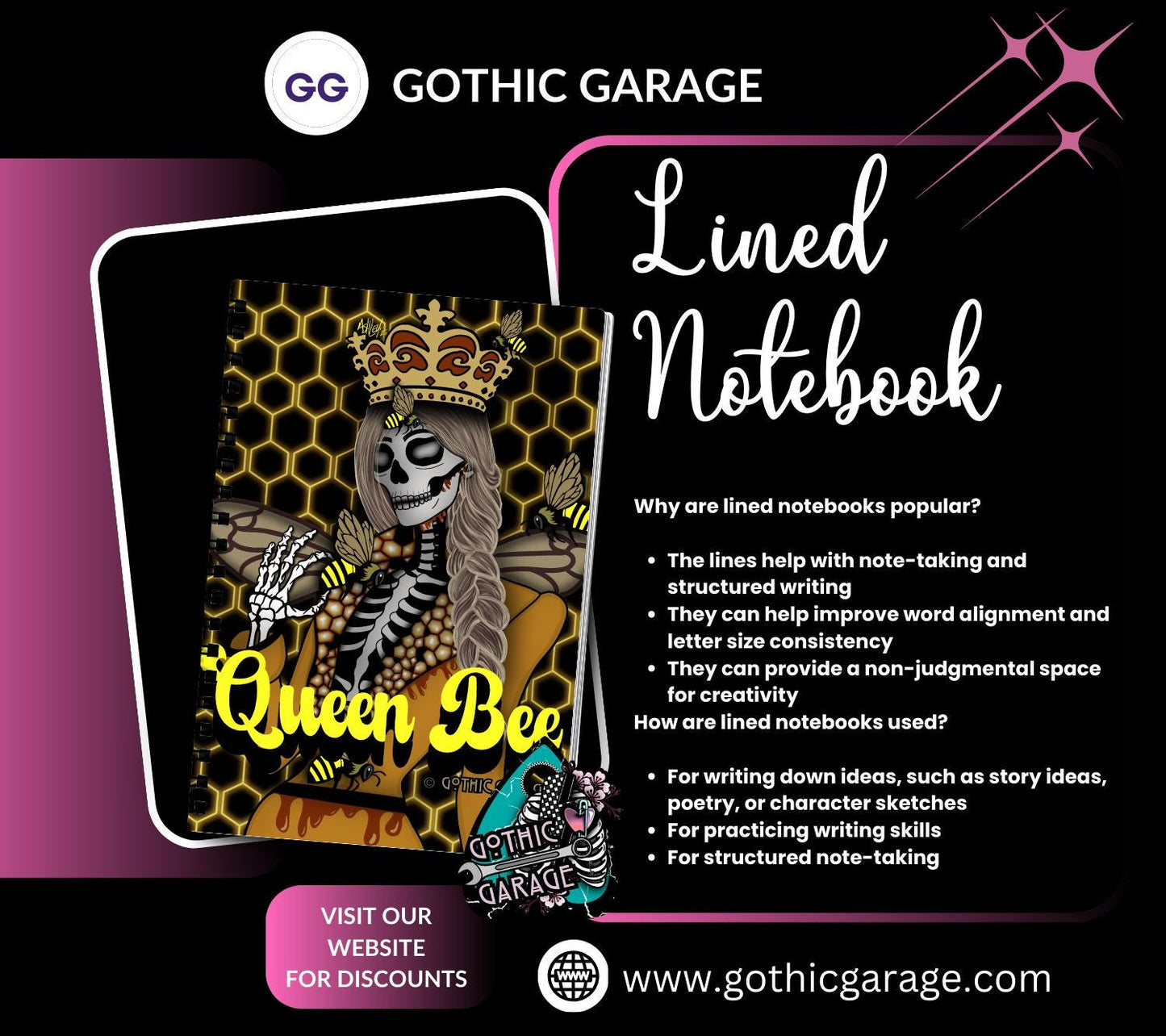 Queen Bee of the Dead Notebook- Hand Drawn– 160 Lined Pages for Daily Tasks and Notes