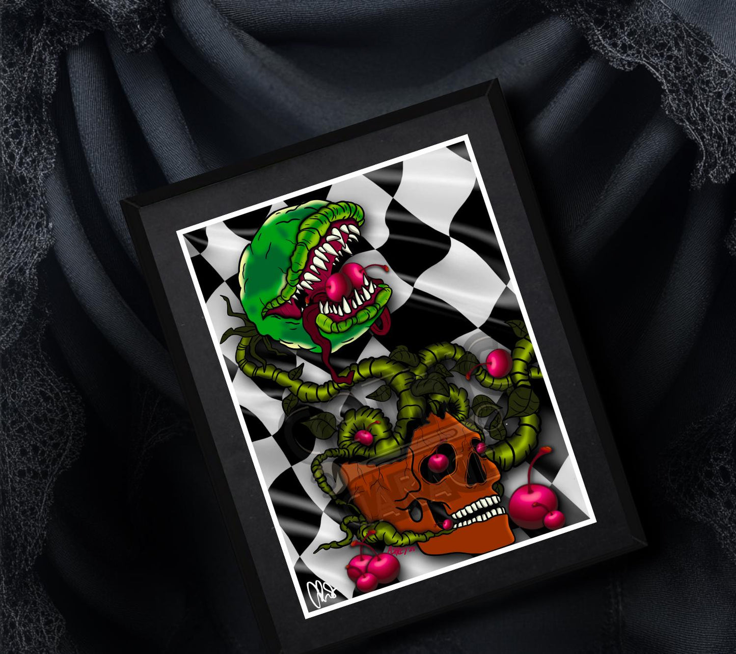 Horror Venus Fly Trap & Cherry Art Print – Gothic Horror Botanical Wall Decor