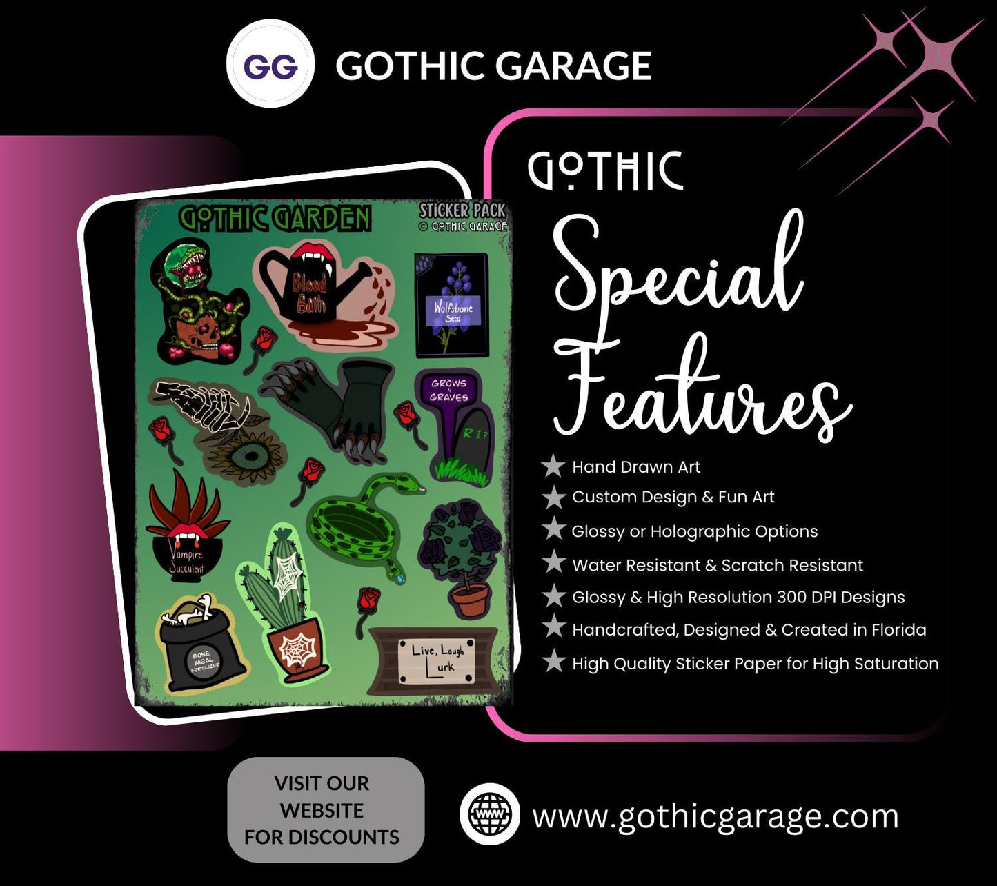 Gothic Garden Sticker Sheet – Where Creepy Blooms and Dead Things Grow