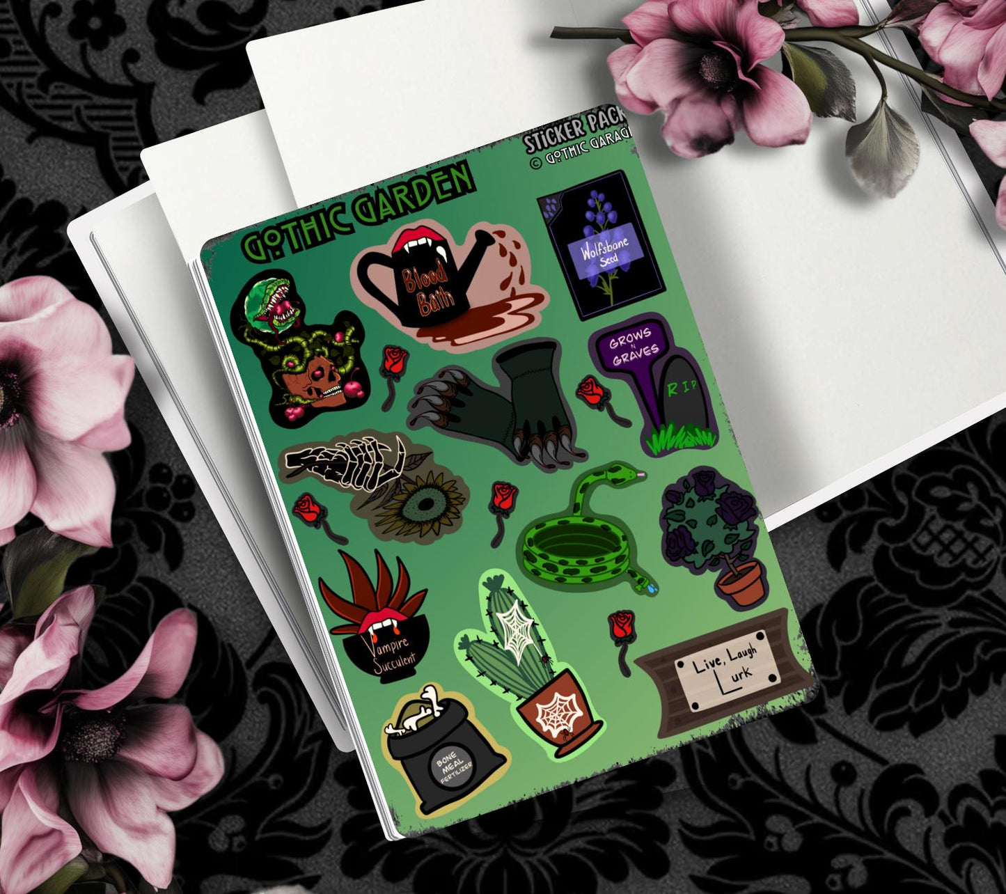 Gothic Garden Sticker Sheet – Where Creepy Blooms and Dead Things Grow
