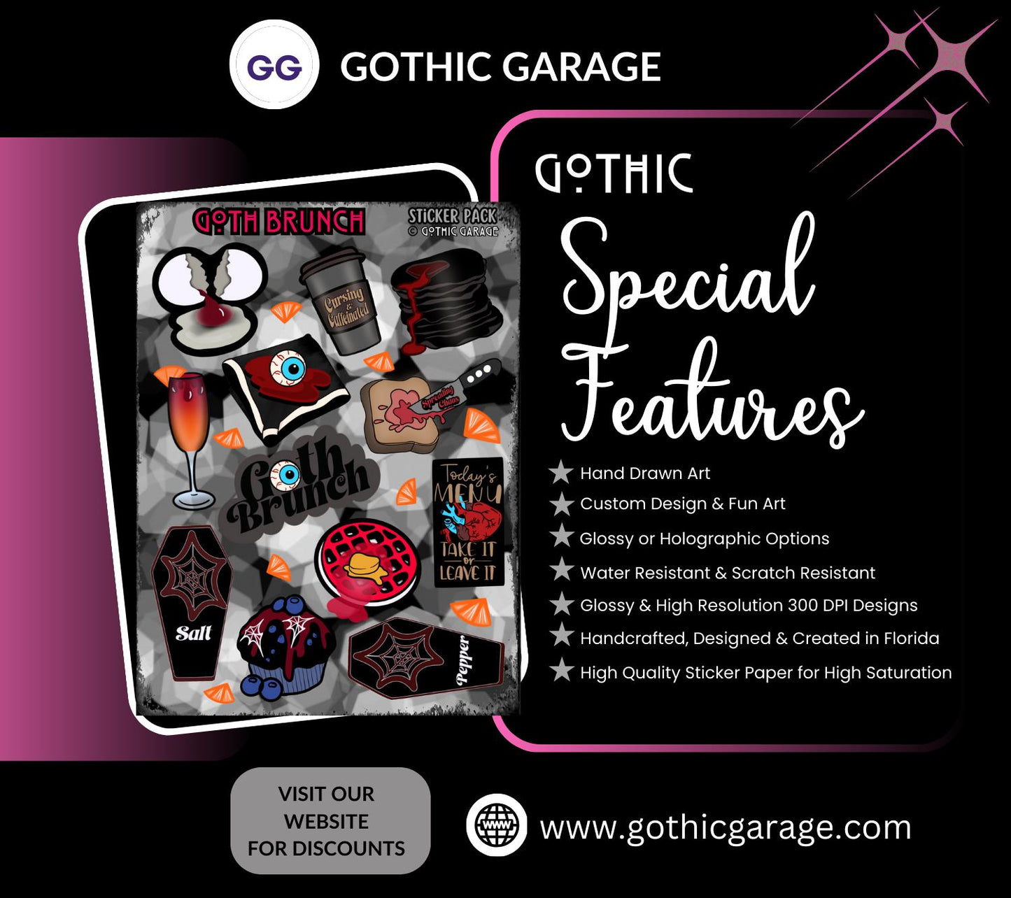 Goth Brunch Sticker Sheet – Caffeine, Chaos & Creepy Cuisine