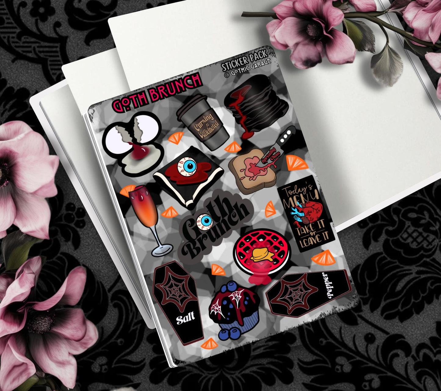 Goth Brunch Sticker Sheet – Caffeine, Chaos & Creepy Cuisine