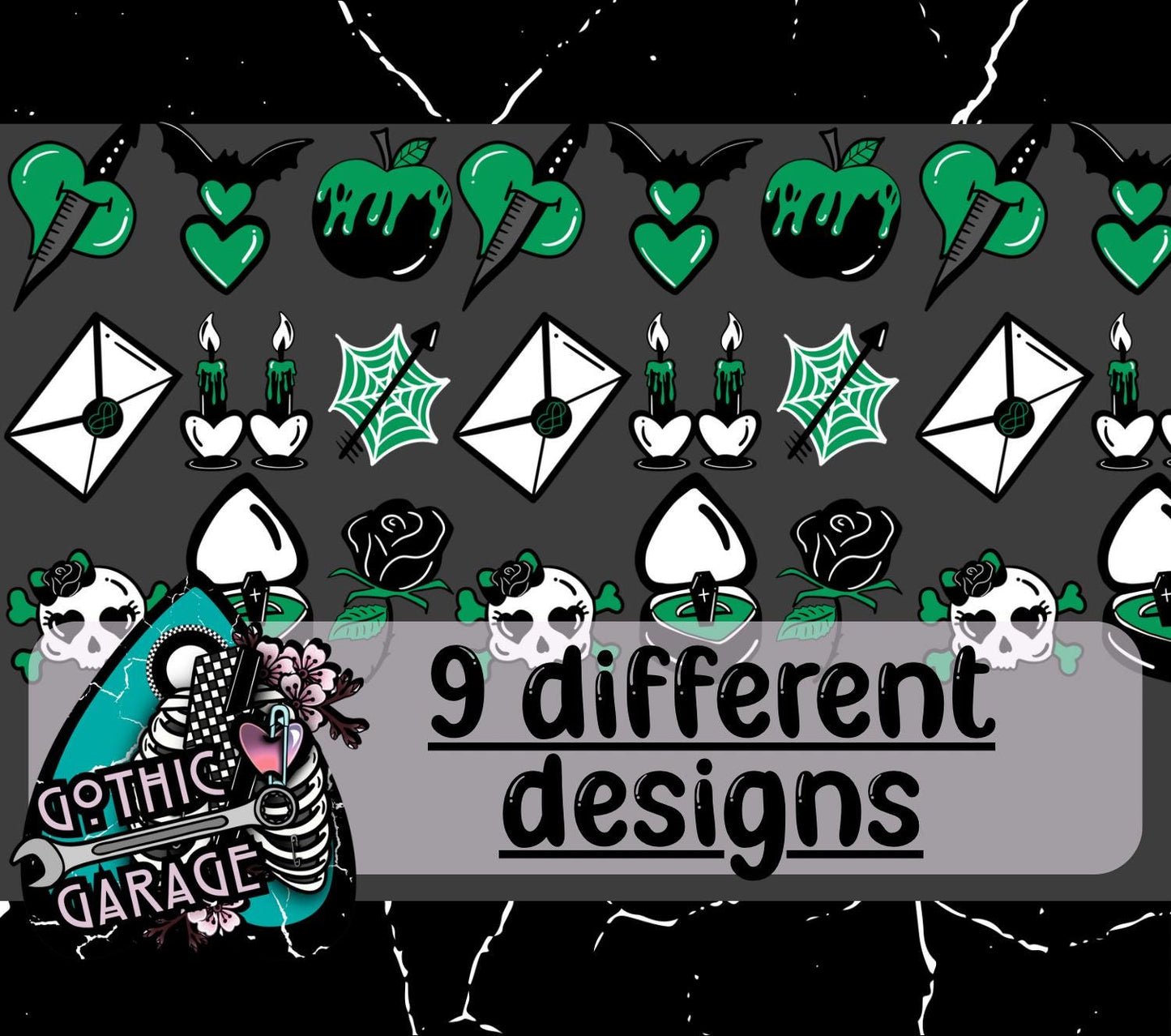Romantic Goth Clipart Pack – 9 Green & Black Spooky Love Designs for Stickers, Crafts and Printing