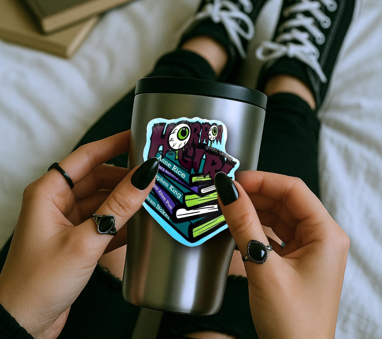 Horror Girl Book Lover Die Cut Waterproof Sticker—Because spooky gals read classics and creep it real!