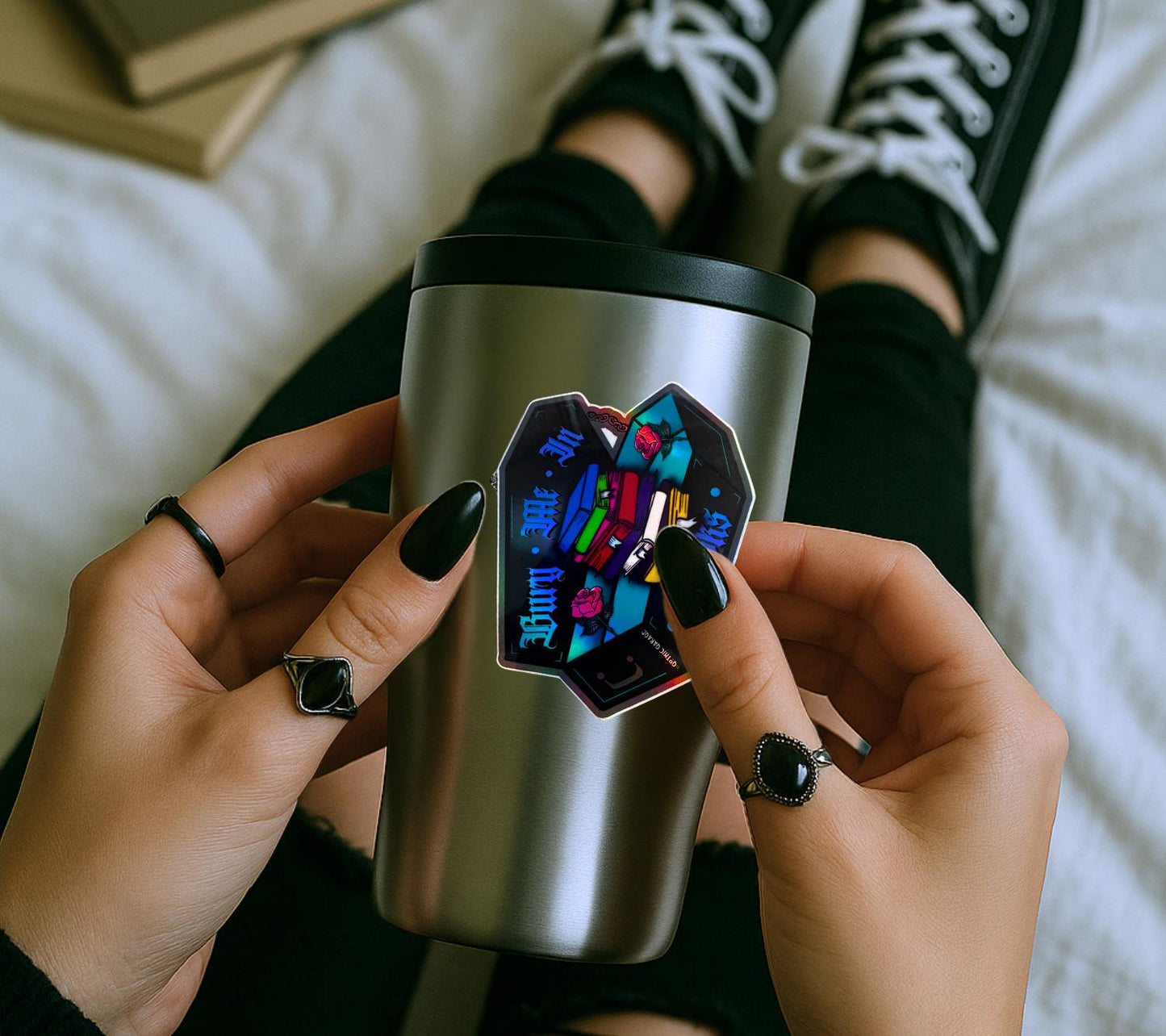 Gothic Book Nerd Coffin, Waterproof Die Cut Sticker, Choose Between Glossy or Holographic, Perfect to Add Fun to any Surface