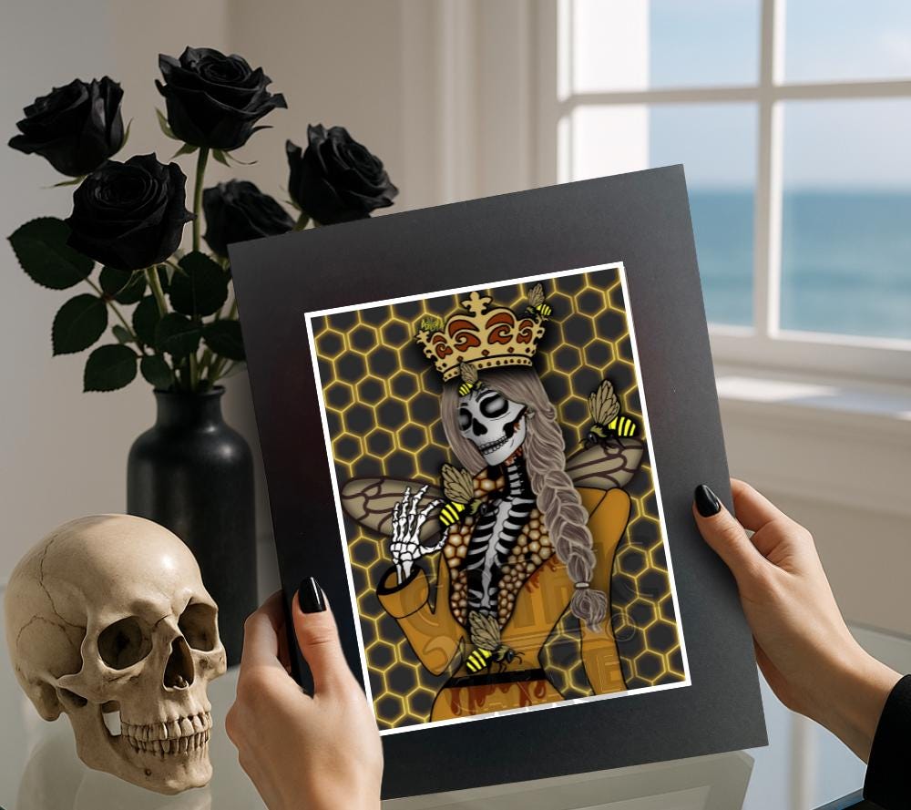Gothic Queen Bee Skeleton Art Print – Honeycomb Crowned Undead Bee Goddess
