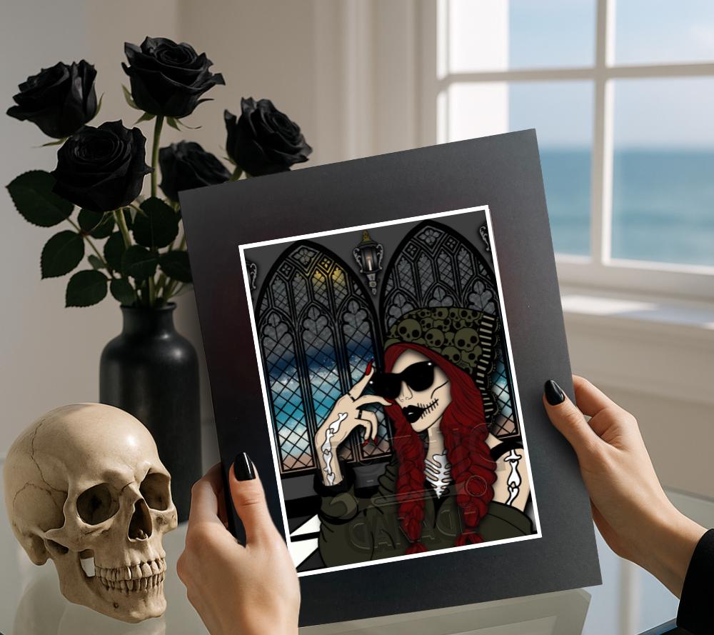 Gothic Church Skeleton Woman Matted Art Print – Hauntingly Beautiful & Mysterious – 11x14 Goth and Dark Macabre Wall Decor
